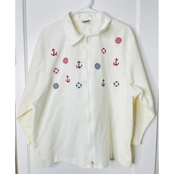 BonWorth Full Zip Top XLP Nautical Ivory Embroidered 3/4 Sleeve Beach Sailor - Picture 1 of 8